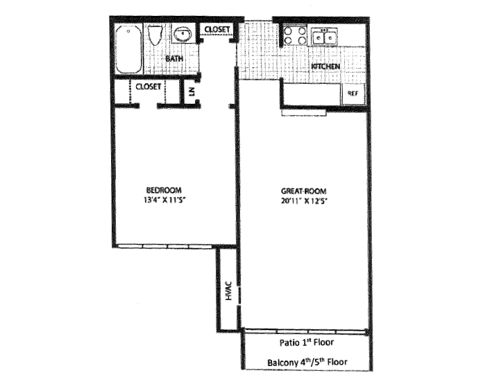 Floor plan for 1 bed, 1 bath, 690 sqft